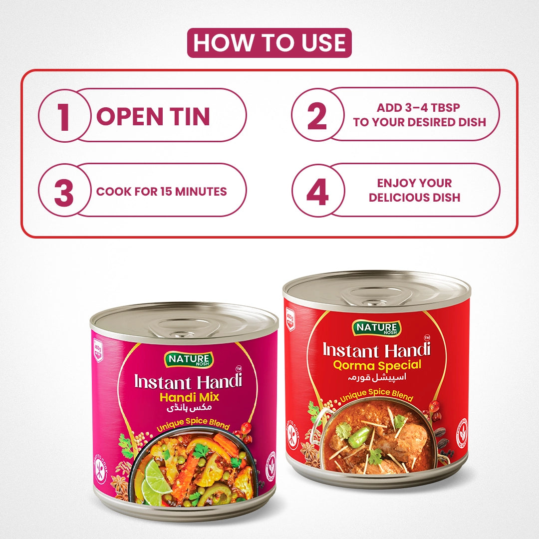 Two cans of Instant Handi spice mix with usage instructions on a white background
