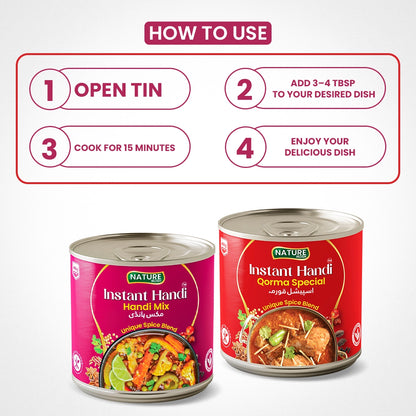 Two cans of Instant Handi spice mix with usage instructions on a white background
